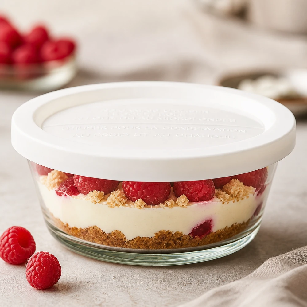 300 ml gourmetglas med fres. WECK RR120 WECK RR120 gourmetglas 300 ml med holdbarhedslåg fyldt med hindbærdessert som eksempel på en lagdelt dessert