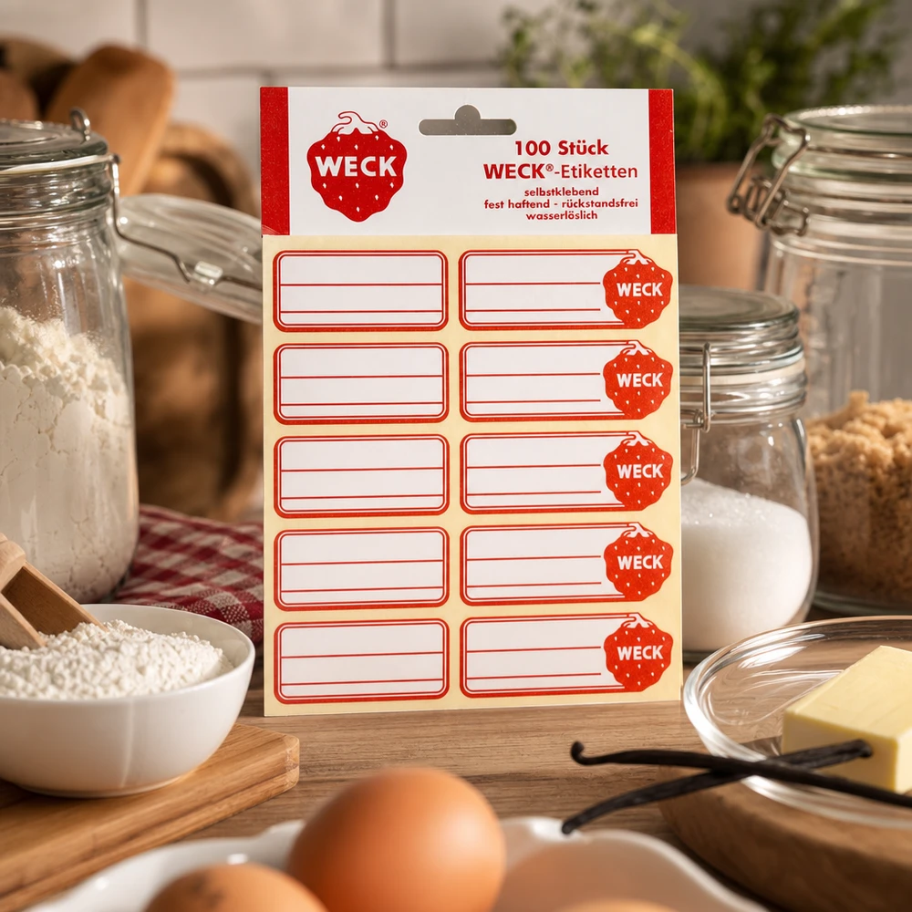 WECK-etiketter 19 x 13 mm (pakke(r) med 100 stk.) WECK etiketter pakke med 100 røde klistermærker i køkkenet med opbevaringsglas æg smør korn bageingredienser