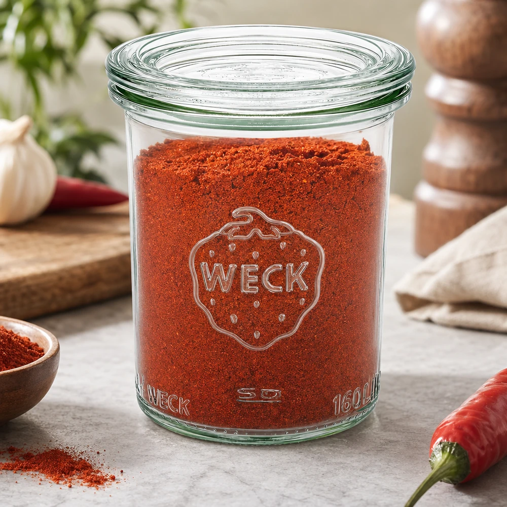 160 ml krukke med glaslåg WECK RR60 WECK 160 ml RR60-krukke fyldt med rødt paprikapulver i køkkenet med chili, hvidløg og krydderikværn