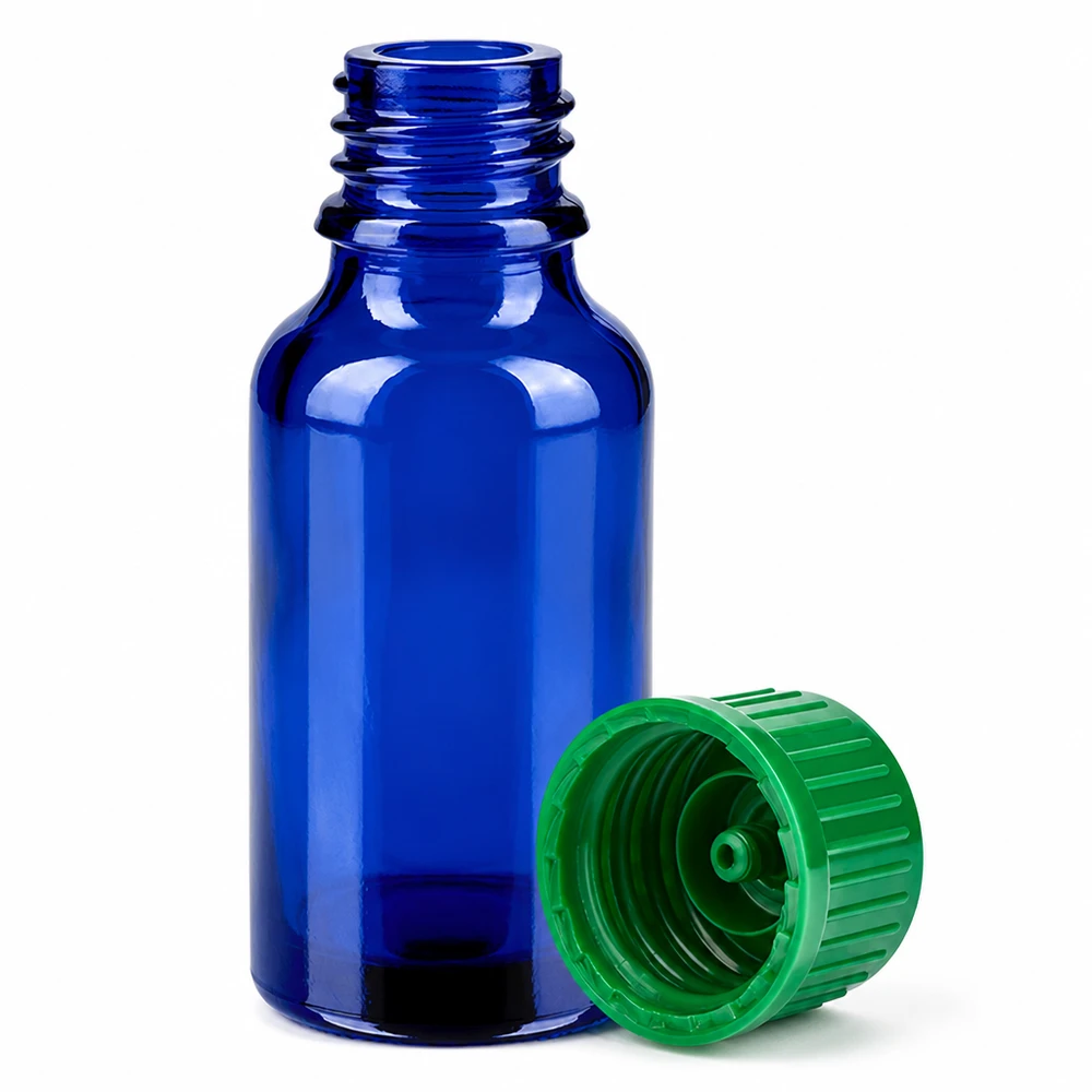 Lille 20 ml laboratorieflaske af blåt glas med grøn hætte med 11 mm standardgevind BlueLine