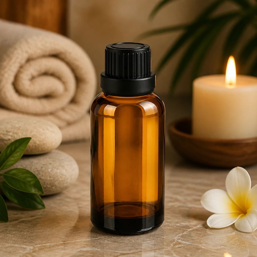 30 ml dråbeflaske 2 mm sort OV BrownLine UT18/30 Lille 30 ml dråbeflaske i ravfarvet glas med sort hætte til wellness og afslapning