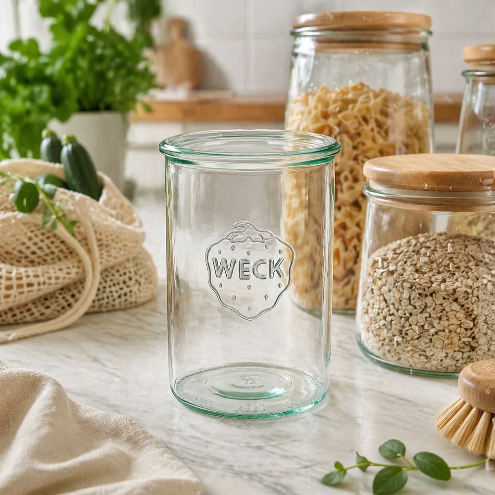 1000 ml WECK RR100-glas med skrå kant WECK 1000ml RR100 glasopbevaringskrukke med logo i bæredygtigt køkken med opbevaringskrukker og økologisk mad