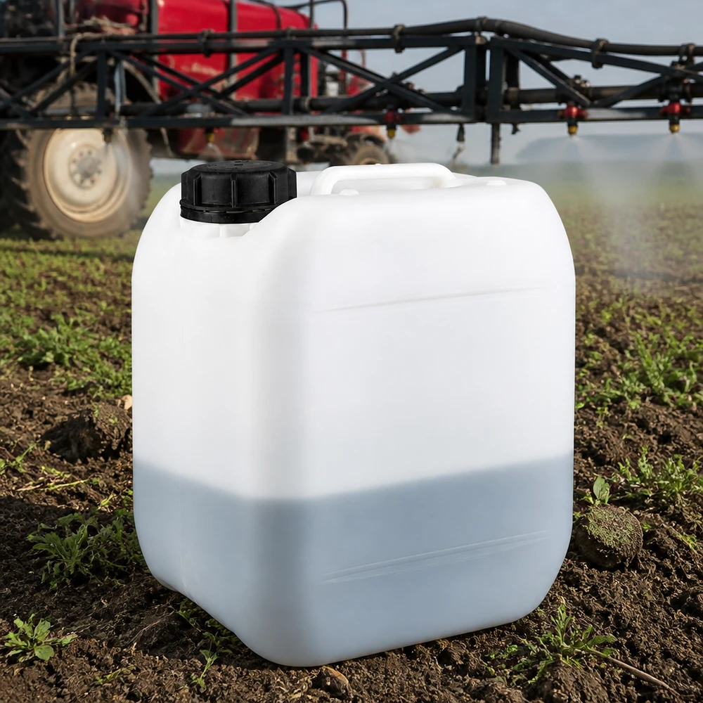 Hvid 5-liters plastdunk med skruelåg i landbrugsbrug ved siden af en traktor
