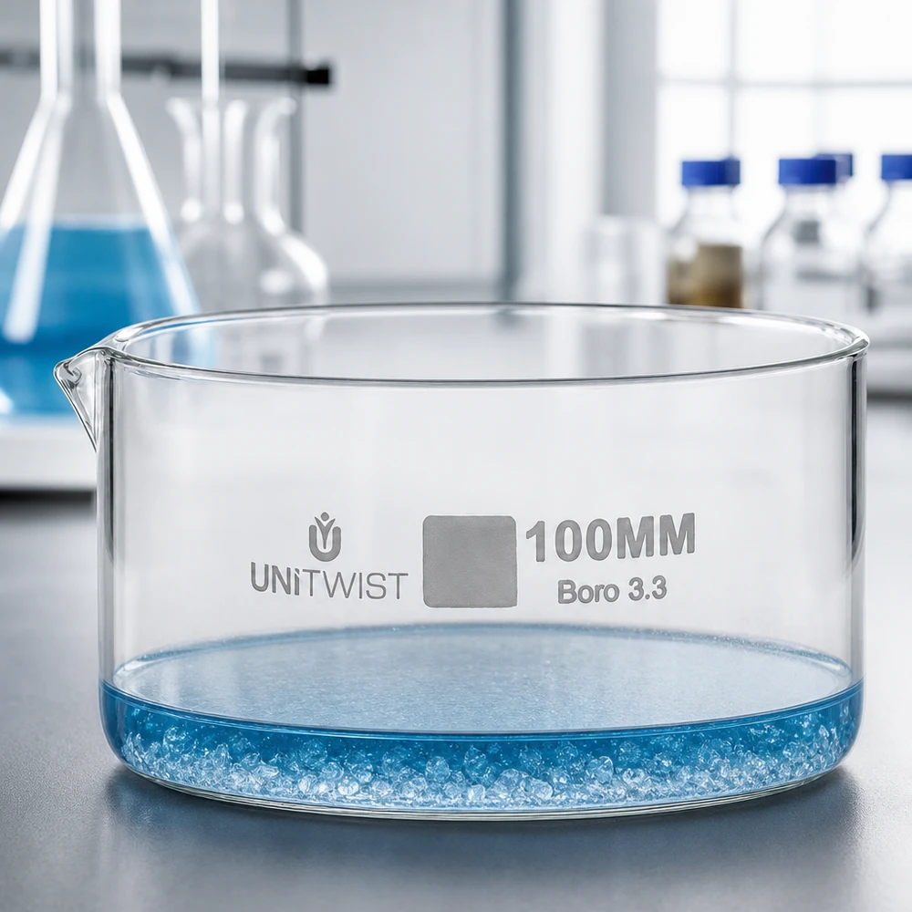 Krystalliseringsskål ø100mm borosilikatglas UNiTWIST UNiTWIST krystalliseringsskål 100 mm, Boro 3.3, flad udformning, lav kant, laboratorieglas, gennemsigtigt
