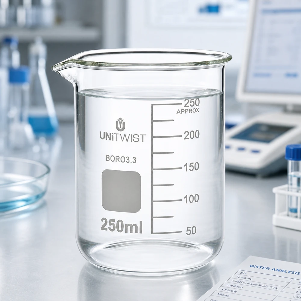 Bæger 250 ml borosilikat, lav form UNiTWIST Et 250 ml bægerglas i lav udførelse på en laboratorievægt med et dokument om vandanalyse i baggrunden