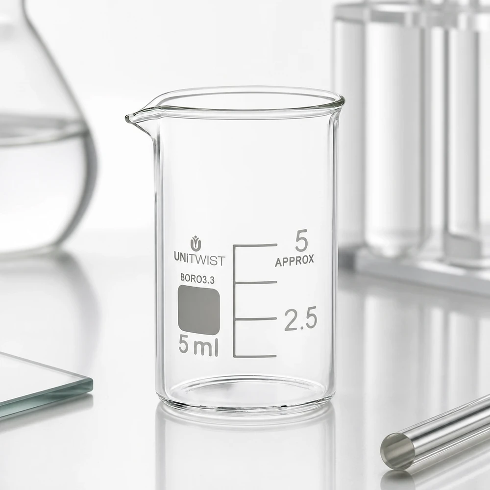 Bæger 5 ml borosilikat, lav form UNiTWIST Gennemsigtigt bægerglas, 5 ml, borosilikat 3.3, lav profil med synlig milliliter-skala
