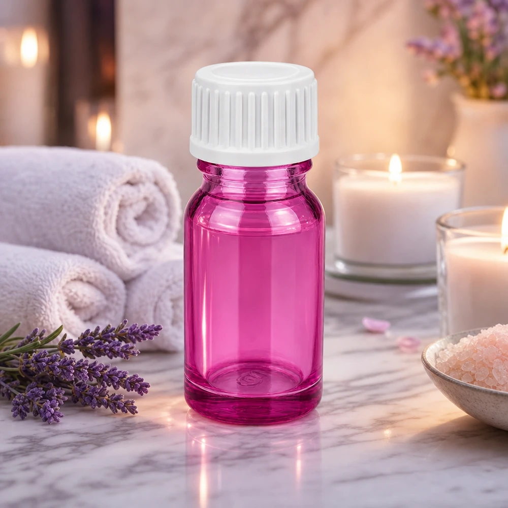 10 ml (kugle) flaske. 3 mm hældering hvid standard PurpleLine. UT18/10 Kompakt 10 ml violet glasflaske med standardgevind til DIY-kosmetik og hudpleje