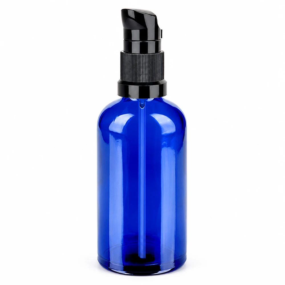 100 ml pumpeflaske sort STD BlueLine UT18/100 100 ml pumpeflaske af blåt glas med sort pumpedispenser til kosmetik og plejeprodukter