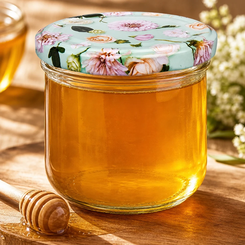 260 ml væltet glas + BasicSeal låg Blume mint UNiTWIST 260 ml glas med BasicSeal blomsterlåg fyldt med gylden honning, honningske af træ ved siden af