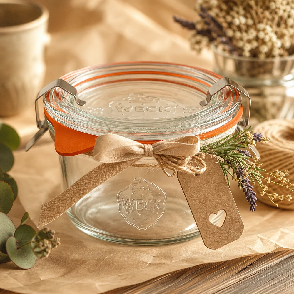 WECK 50 ml glas RR60 dekorativt arrangeret med en sløjfe og lavendel som en gaveidé på et rustikt træbord