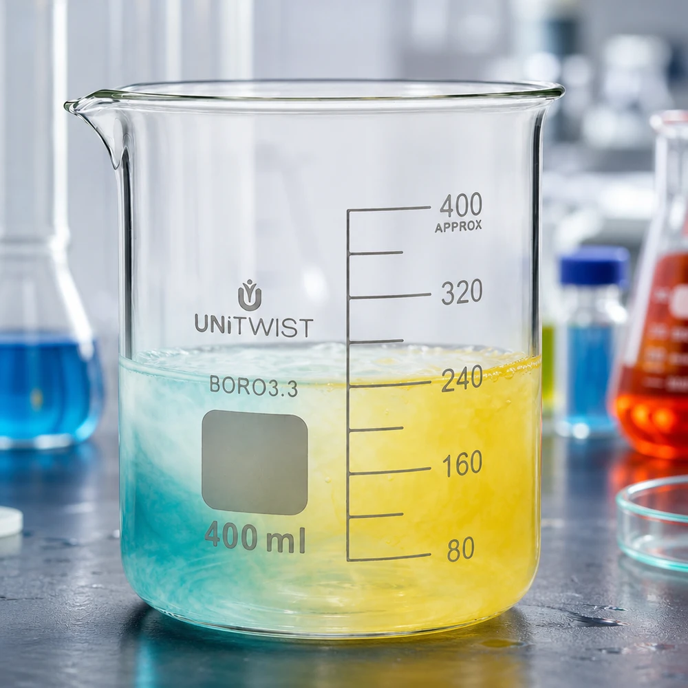 Bæger 400 ml borosilikat, lav form UNiTWIST UNiTWIST 400 ml borosilikatglas med farvet væske i blå og gul i laboratoriet
