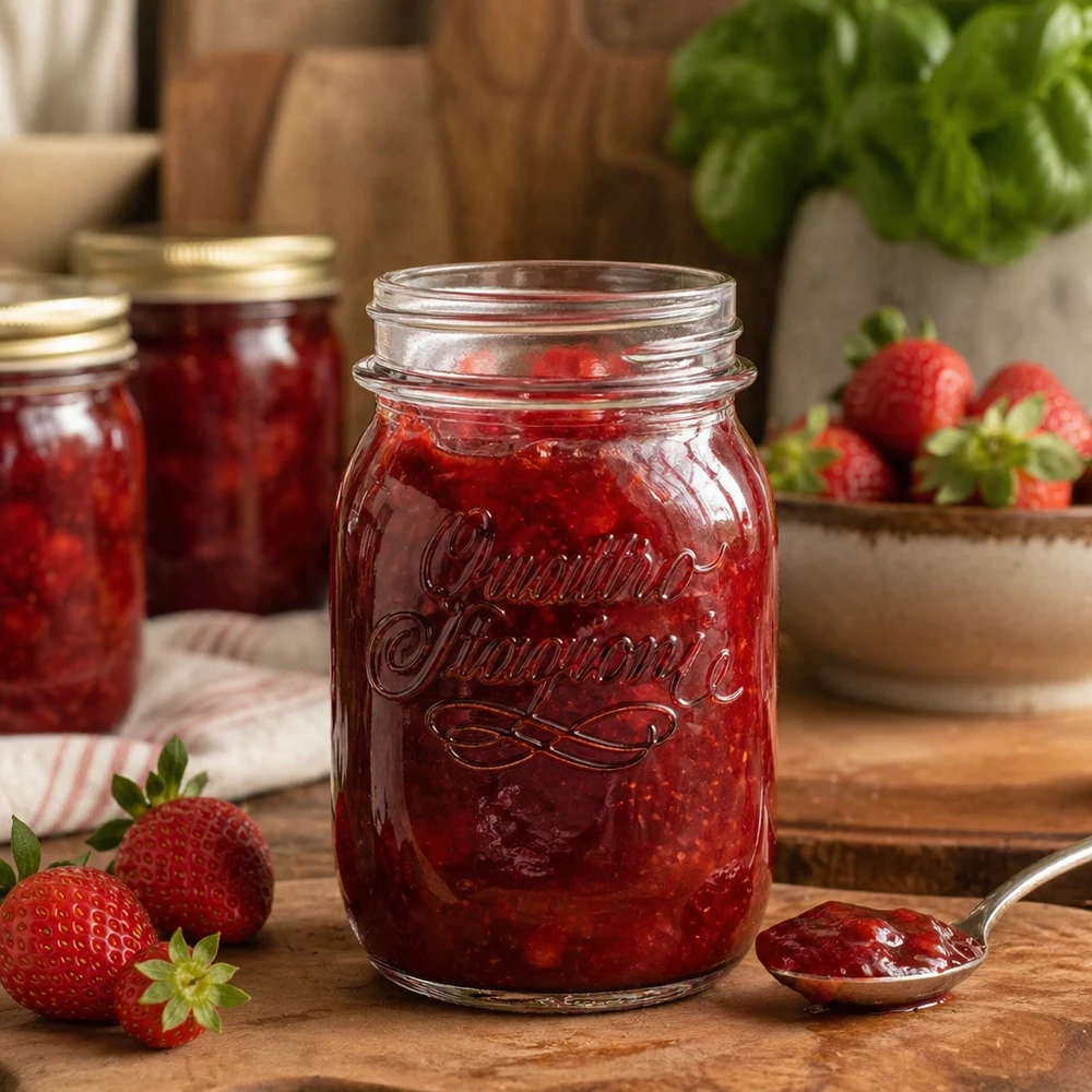 500 ml husholdningsglas "Quattro Stagioni" 500 ml Quattro Stagioni-husholdningskrukke fyldt med jordbærmarmelade på et træbord med friske jordbær