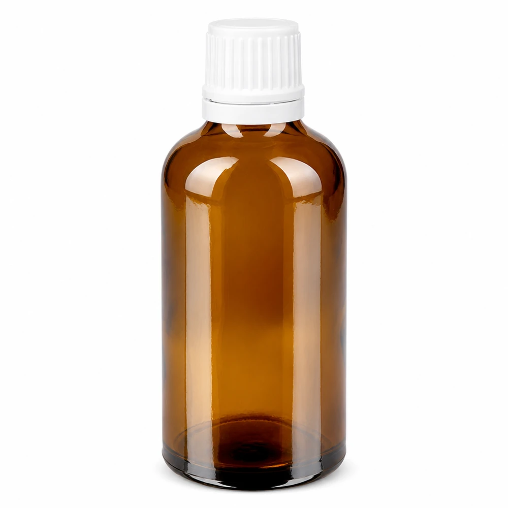 Apoteksflaske brun 50 ml skruelåg hvid OV 50 ml brun apotekerflaske af glas med hvid skruelåg og sikkerhedslåg