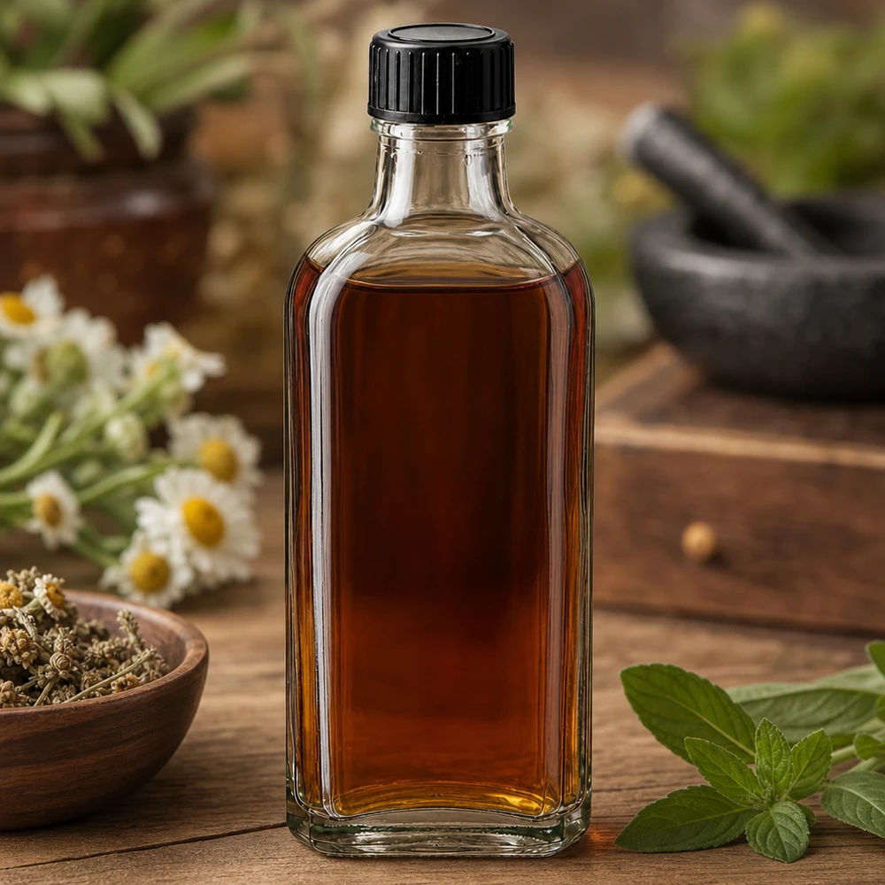 100 ml Meplat klar skruelåg med LKD-forseglingsskive Meplat-flaske, 100 ml, klar, med LKD-tætningsskive ved siden af urter og morter på træunderlag
