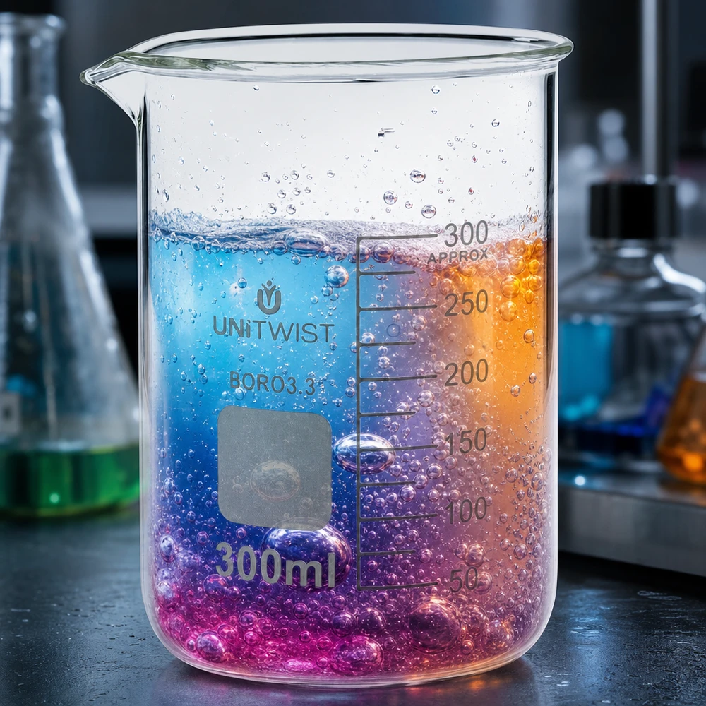 Bæger 300 ml borosilikat, lav form UNiTWIST UNiTWIST-bægerglas på 300 ml med et farverigt farveforløb fra lyserød over violet til orange i laboratoriet