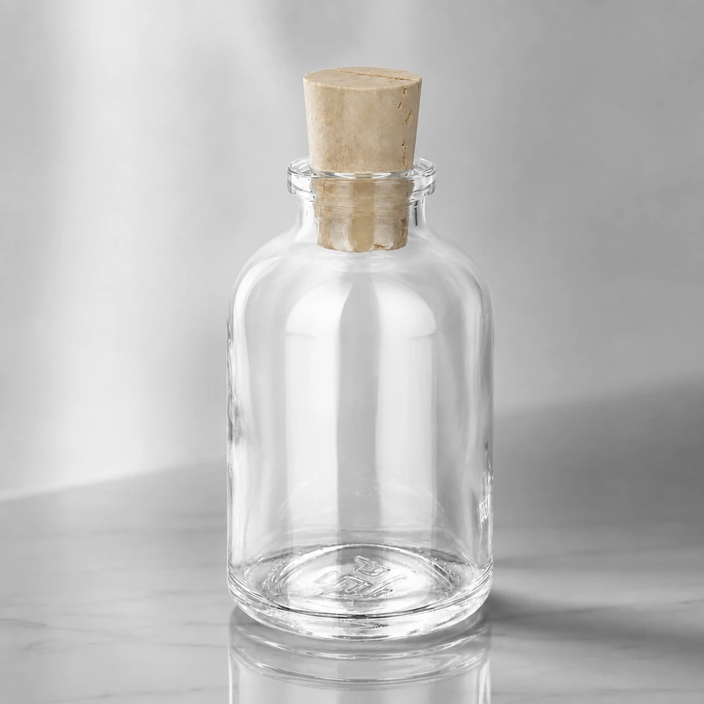Flaske i klart glas 50 ml med kork 11/14 mm Hochwertige Glasflasche 50ml mit luftdichtem Korken 11/14mm seitliche Ansicht