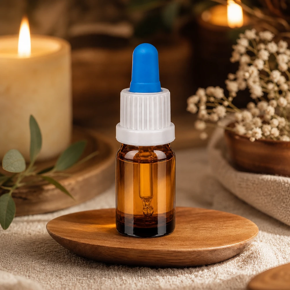 5 ml pipetteflaske hvid/blå OV BrownLine UT18/5 Elegant 5 ml pipetteflaske i varmt ravfarvet glas med stilfuldt hvidt skruelåg og blå dråbetæller