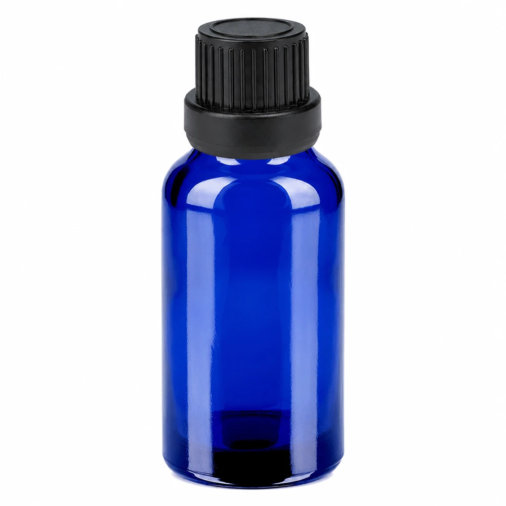 20 ml flaske 11 mm SV sort OV BlueLine UT18/20 20 ml blå glasflaske med sort skruelåg til æteriske olier og kosmetik