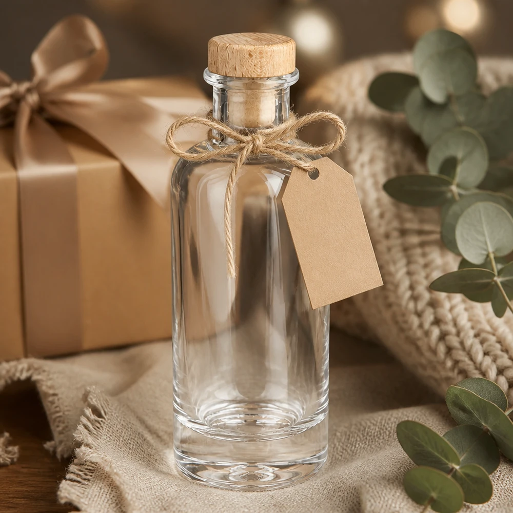200 ml glasflaske »Ella« med træhåndtag og prop UNiTWIST® 200ml Glasflasche Ella leer mit Holzkorken und Geschenkanhänger dekorativ arrangiert mit Eukalyptus und Geschenkbox