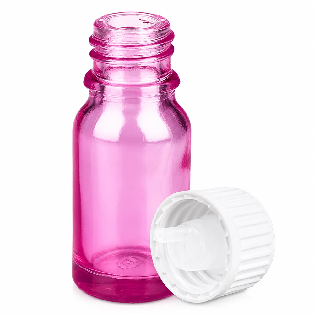 10 ml dråbeflaske 0,9 mm hvid standard PurpleLine. UT18/10 Lilla glasflaske 10 ml med 0,9 mm dråbetæller og hvid hætte til æteriske olier