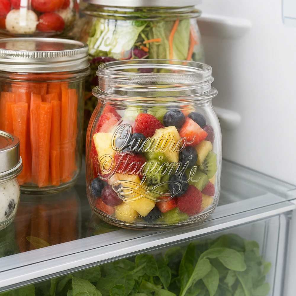 250 ml husholdningsglas "Quattro Stagioni" 250ml Quattro Stagioni Einmachglas mit buntem Obstsalat im Kühlschrank - perfekt für Meal Prep und Vorratshaltung