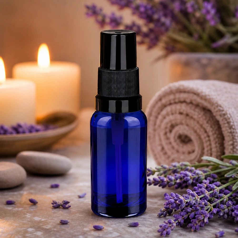 20 ml sprayflaske sort STD BlueLine UT18/20 Elegant blå glassprayflaske 20 ml med sort spraytilbehør til æteriske olier og kosmetik