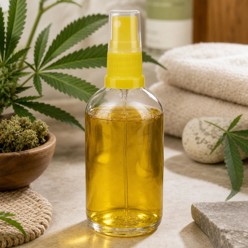100 ml sprayflaske gul/tr. STD ClearLine UT18/100 Gul sprayflaske 100 ml ClearLine UT18 fyldt med cannabisolie på natursten