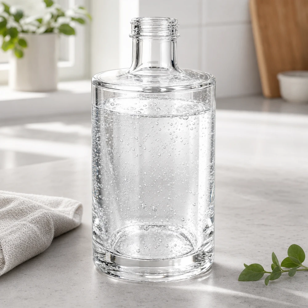 375 ml glasflaske »Sam« uden skruelukning UNiTWIST® 375 ml glasflaske med Sam fyldt med danskvand på en lys køkkenbordplade med køkkenhåndklæde og plante