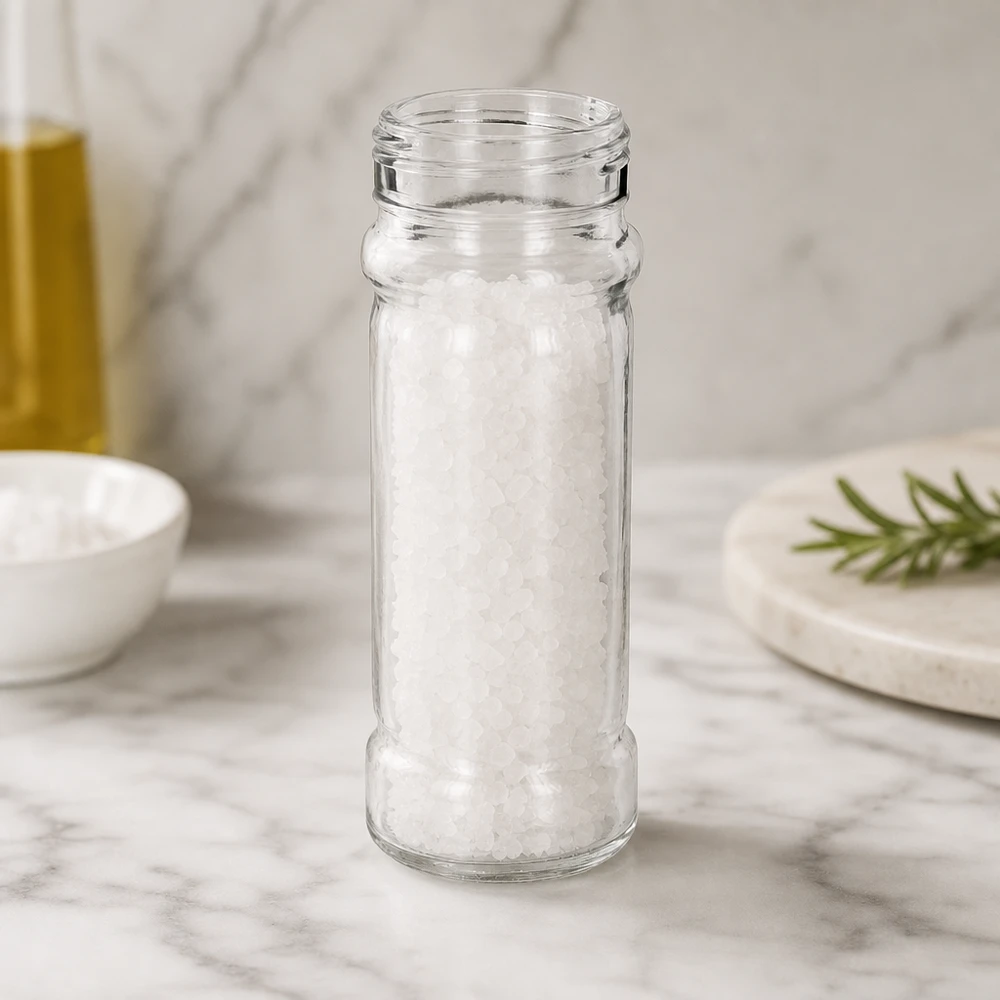 Salt/krydderiglas Mary 100 ml, gevind 41 mm klart glas - matchende låg med 41 mm gevind kan bestilles separat. Mary-saltglas, 100 ml, fyldt med groft havsalt, på en hvid marmorplade