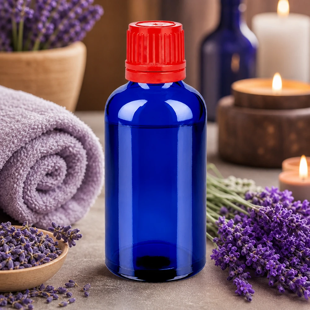 50 ml flaske 11 mm SV rød OV BlueLine UT18/50 50 ml aromaterapiflaske blå rød SV 11mm OV BlueLine UT18/50 til æteriske olier
