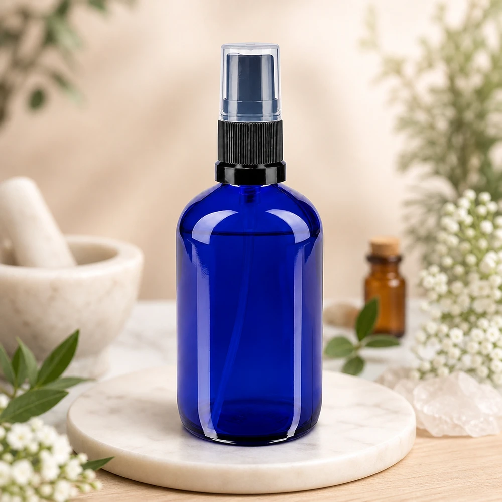 Apotekerflaske blå 100 ml spraytilbehør sort Blå 100 ml sprayflaske af apotekerglas med sort forstøver på marmorunderlag