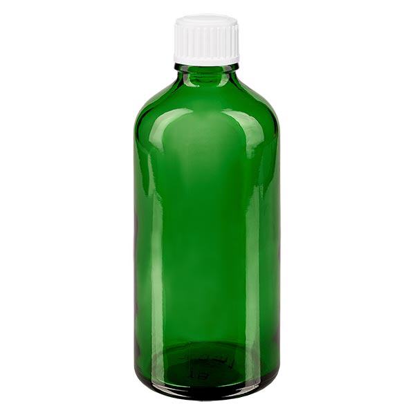 Apoteksflaske grøn 100ml dråbetæller hvid 0,8mm stk. Apoteksflaske grøn 100ml dråbetæller hvid 0,8mm stk.