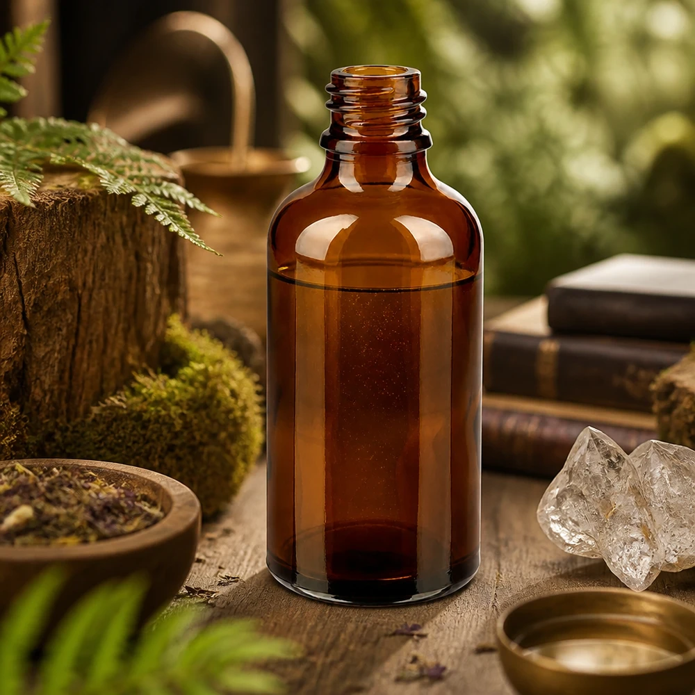 Dropperflaske 50 ml DIN 18 lavet af ravfarvet glas 50 ml brun ApoGlas-apoteksflaske med naturligt urteekstrakt mellem moskrystaller og antikke bøger