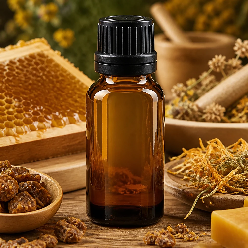 Solcreme i apotekerflaske, 20 ml, brunt glas med sort OV-lukning – ideel til naturmedicin