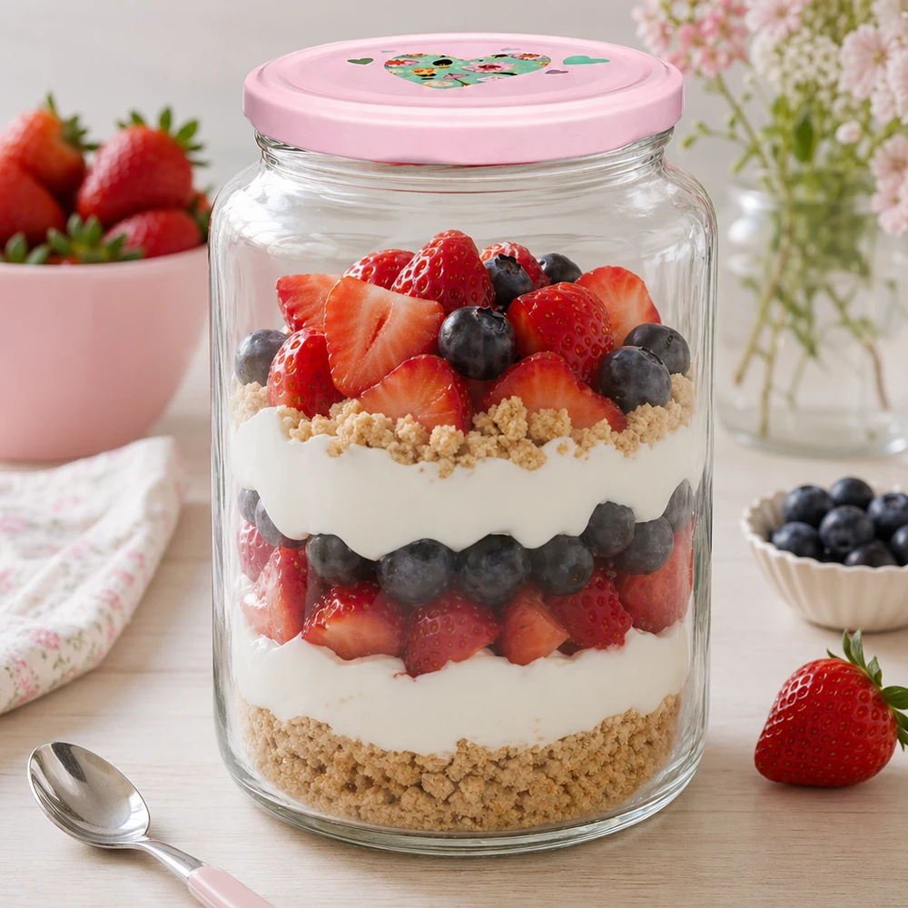 795 ml rund krukke + BasicSeal låg, lyserødt hjerte, UNiTWIST Rundglas 795ml mit rosa Herzdeckel gefüllt mit Beeren-Schichtdessert Parfait Anwendungsbeispiel für Desserts und Süßspei