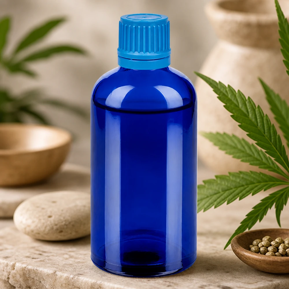 100 ml flaske 11 mm SV blå OV BlueLine UT18/100 Farmaceutisk 100 ml BlueLine-glasflaske med manipulationssikring og UT18-gevind