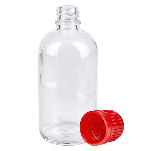 100 ml flaske 11 mm SV rød OV ClearLine UT18/100 100 ml ClearLine-glasflaske UT18 med rød børnesikret låg, 11 mm, åbnet