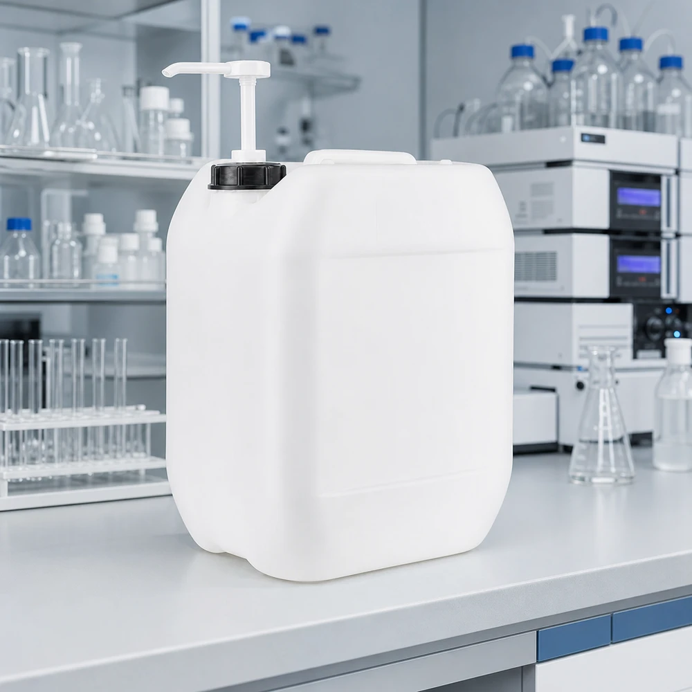 Beholder 10 liter med doseringspumpe Rektangulær 10-liters dunk af HDPE-plast med sort skruelåg og hvid pumpe