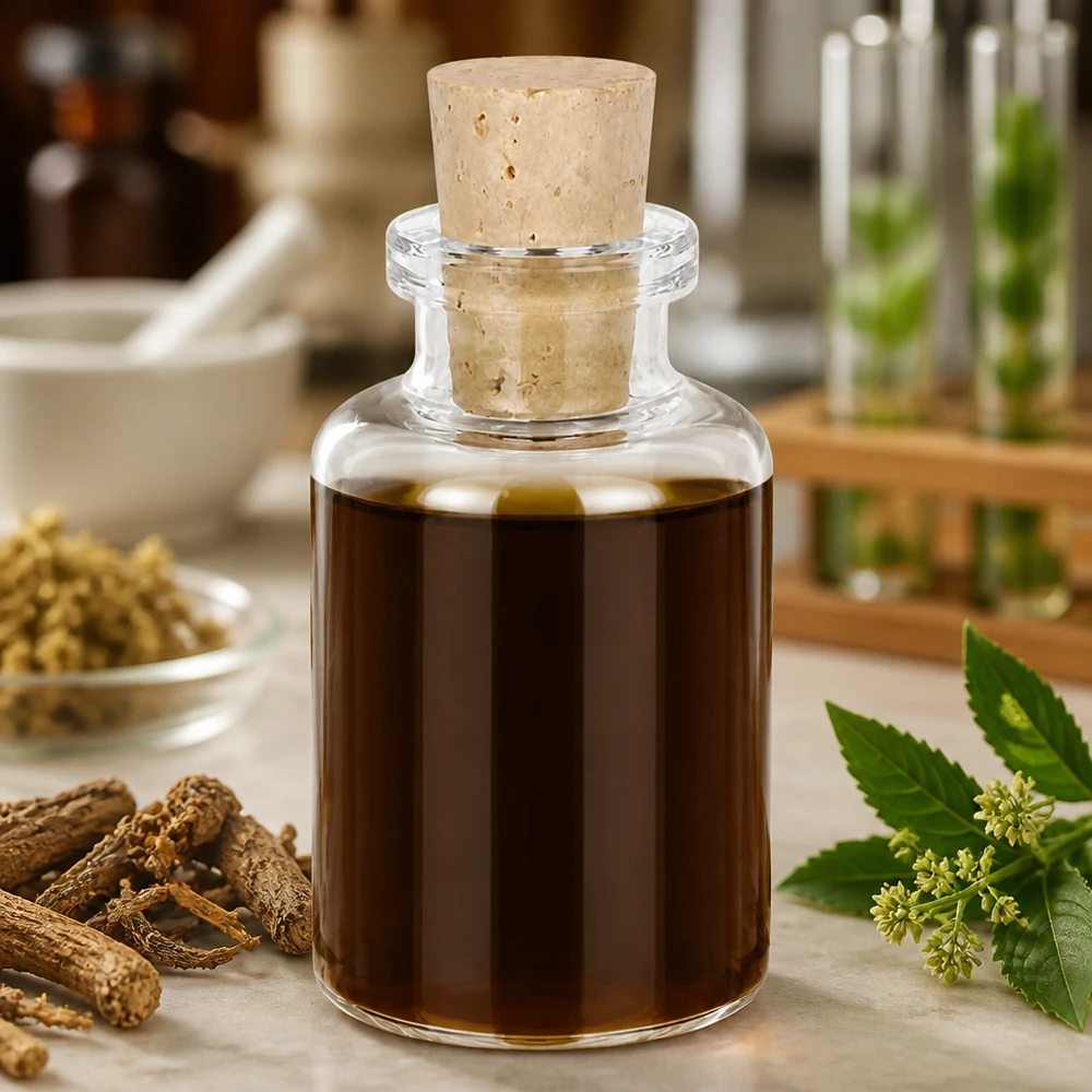 Flaske klart glas 30ml med kork 11/14mm Handliche Klarglasflasche 30ml mit Naturkorken auf Marmorfläche mit botanischen Zutaten