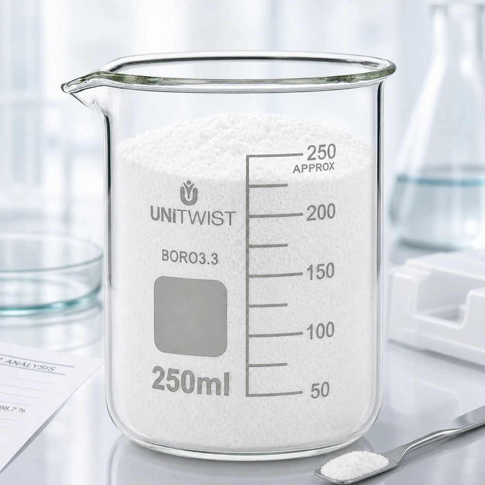 Bæger 250 ml borosilikat, lav form UNiTWIST 250 ml bægerglas, lavt, fyldt med hvidt pulver på UNiTWIST-laboratorieunderlag