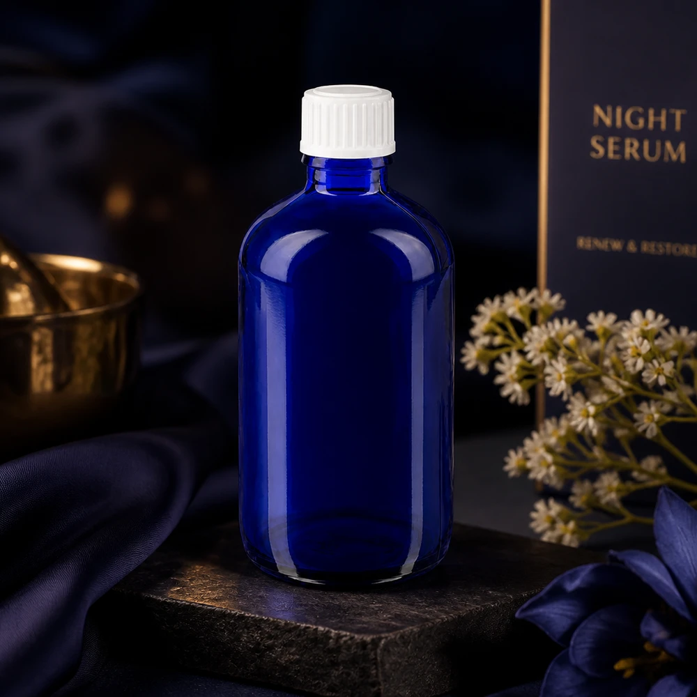 Blå 100 ml glasflaske med hvid standardprop som emballage til natteserum