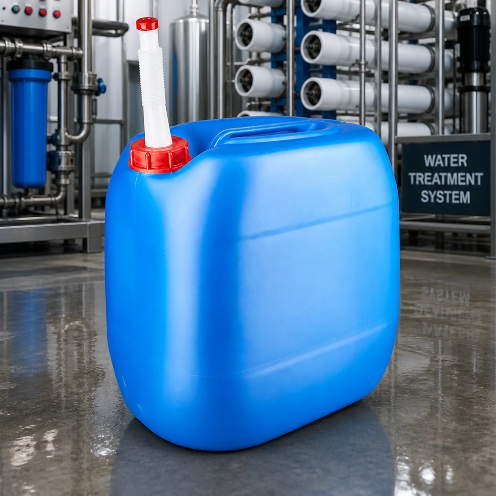30 liters blå dunk med fleksibelt udløbsrør Blå HDPE-kanister på 30 liter med udløbsrør i et vandrensningsanlæg