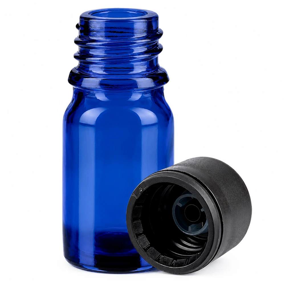 5 ml flaske 11 mm SV sort OV BlueLine UT18/5 Blå 5 ml glasdråbeflaske med sort hætte til kosmetik og parfume