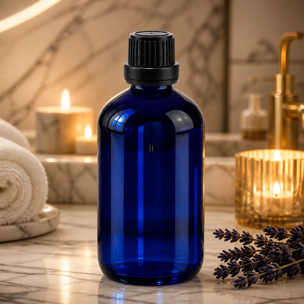 Apoteksflaske blå 100 ml skruelåg sort tæt OV 100 ml blå glasflaske med sikkerhedslåg og dråbeindsats til aromaterapi