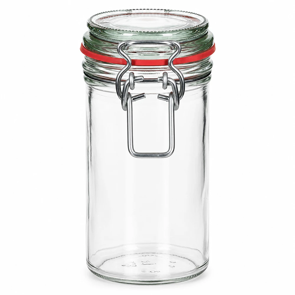 272 ml opbevaringsglas, type G, med bøjlelåg UN.. 272 ml opbevaringsglas med svingtop og rød gummipakning, gennemsigtigt konserveringsglas til fødevarer