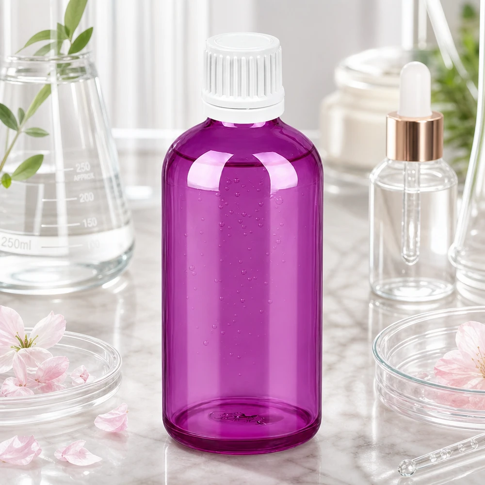 100 ml flaske 11 mm skruelåg hvid Originality skruelåg PurpleLine UT18/100 100 ml PurpleLine-flaske i elegant lilla med hvidt 11 mm skruelåg til laboratoriebrug