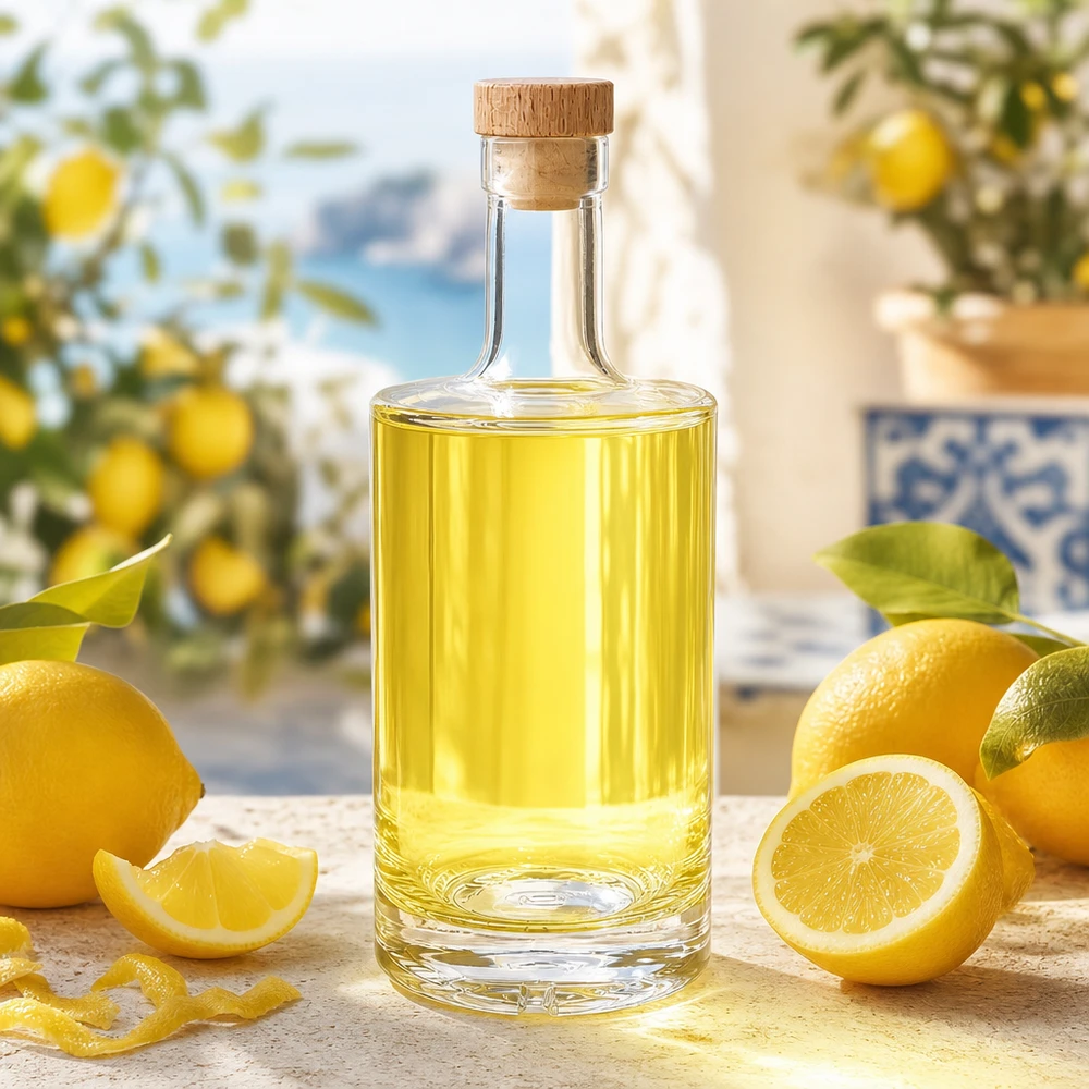 500 ml glasflaske »Nora« med træhåndtag og prop UNiTWIST® 500 ml glasflaske Nora fyldt med citronlikør middelhavsdekoration trækork UNiTWIST citrusfrugter