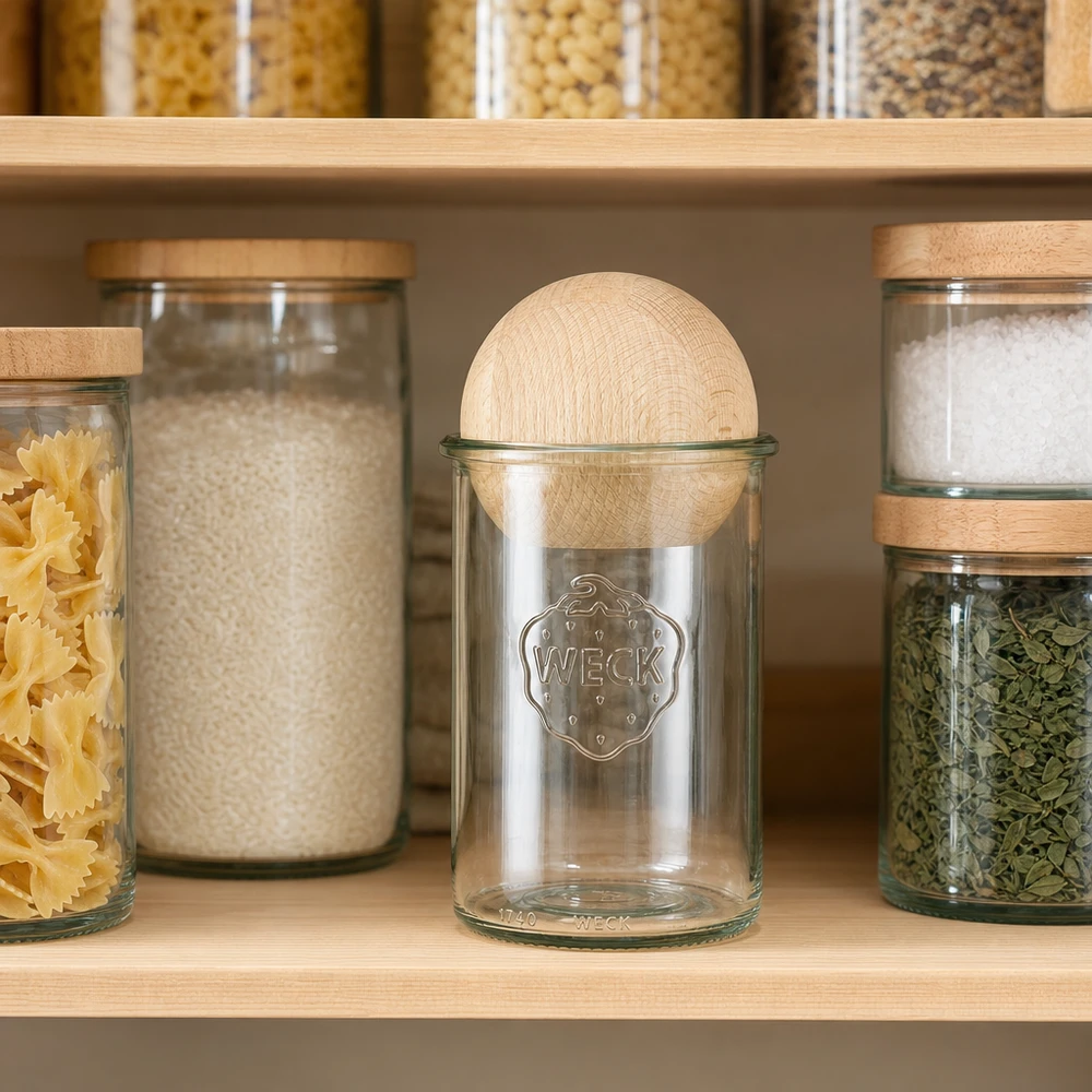 1000 ml Briller WECK RR100 med trækugle bøg WECK Vorratsglas 1000ml RR100 mit Buchenkugel in moderner Küche zwischen Pasta, Reis und Gewürzen zur stilvollen Aufbewa