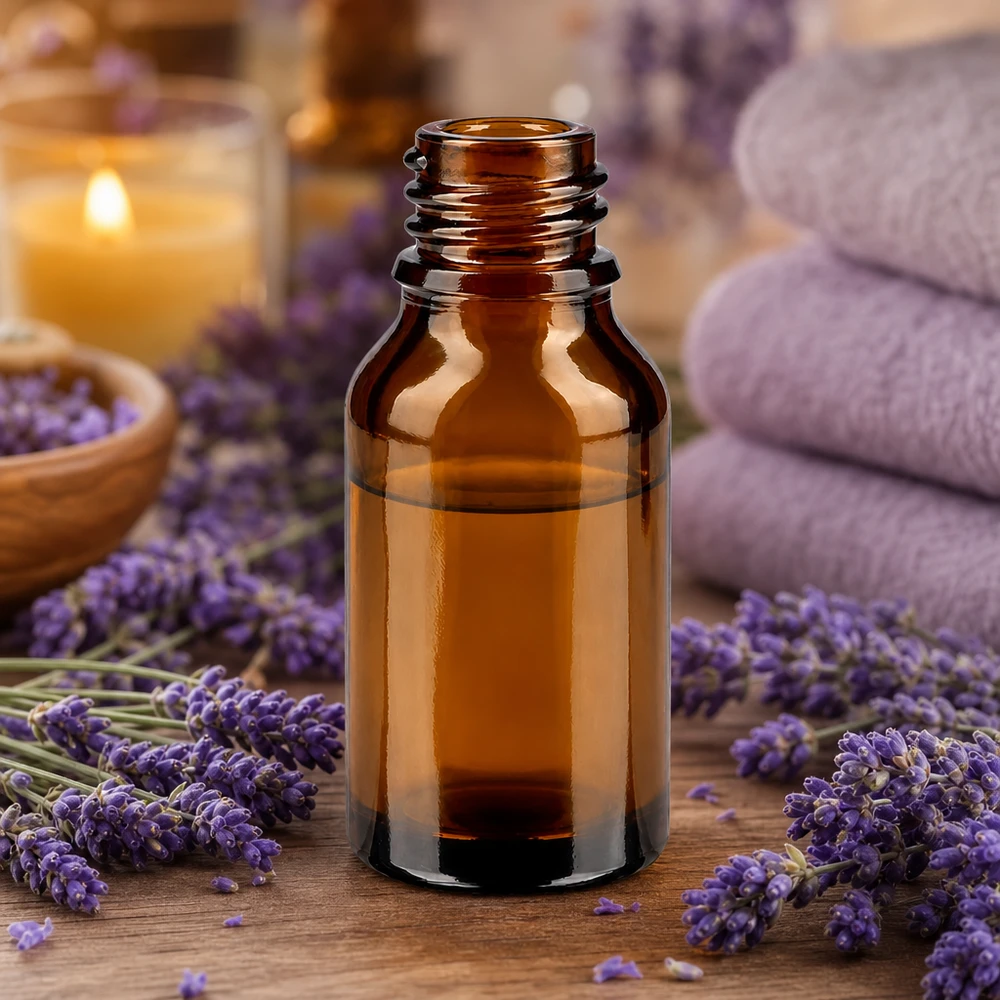 Dropperflaske 15 ml DIN 18 ravfarvet glas 15 ml brun apotekerflaske ApoGlas med lavendelblomster og håndklæder i en afslappende spa-atmosfære