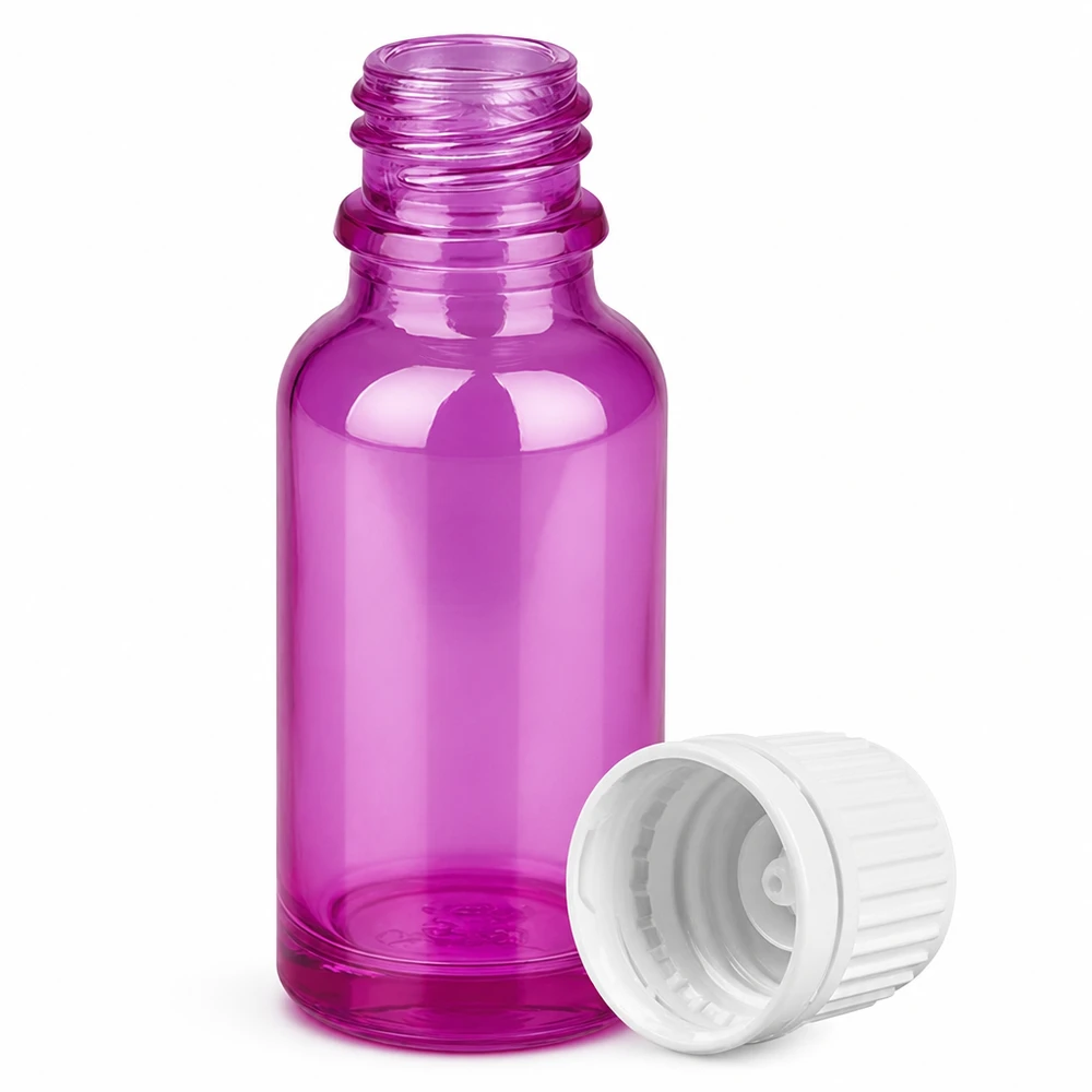 20 ml flaske 11 mm skruelåg hvid Originality skruelåg PurpleLine UT18/20 Lille 20 ml dråbeflaske af violet glas med hvid hætte til præcis dosering